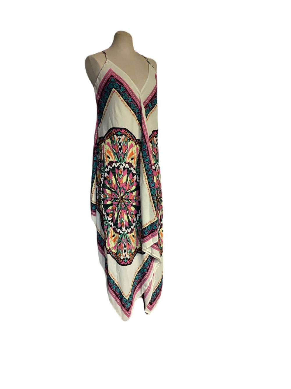 Women’s Cream Midi Handkerchief Hem Dress with Pink & Teal Print
